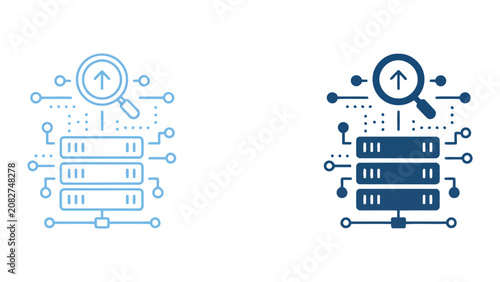 Data server optimization and analysis flat icon set featuring magnifying glass and network connectivity lines for cloud computing infrastructure management concepts in blue and white color palette