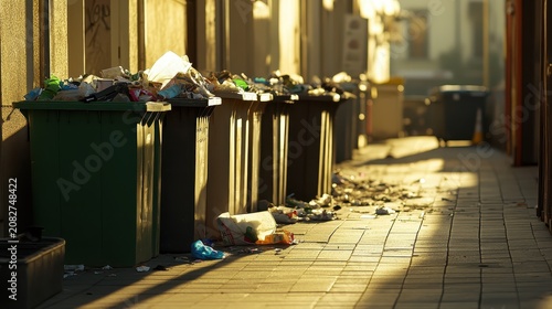Overfilled trash containers spilling waste onto a sunlit city street, highlighting urban sanitation issues