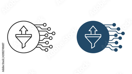 Data funnel icon with integrated digital circuit nodes representing automated information processing and systematic data filtering for modern business intelligence and cloud computing software systems