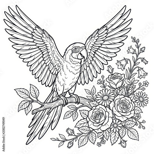 Parrot with spread wings on branch and flowers line art