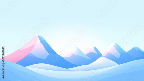 Snow capped mountain peaks bathed in soft dawn light under a clear blue sky.