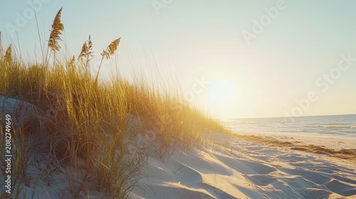 Sunlight patterns on coastal sand dunes with sea grass overlooking the ocean horizon at golden hour