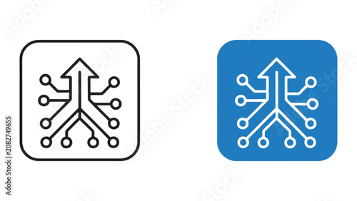 Digital circuit board connection arrow icon set in blue square frame and black outline style representing technology integration and data flow optimization for modern web application development
