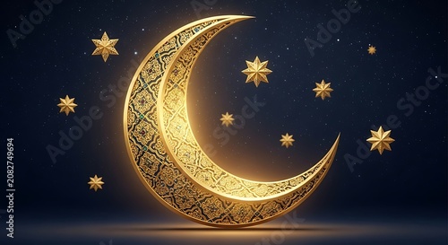 Crescent moon shines brightly against a dark starry night sky.