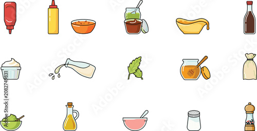 Cuadro en lienzo Condiments and sauces food icon set featuring ketchup mustard soy sauce mayonnai