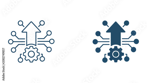 System optimization and performance improvement icon set featuring upward trend arrow with gear mechanism and network nodes for software efficiency and digital process automation