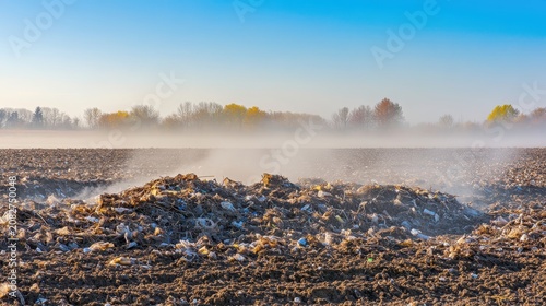 Rural pollution with waste and agricultural runoff under a clear sky with farm field background