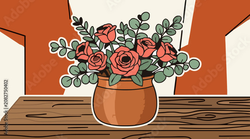 Coral roses in a copper pot on a wooden table indoors