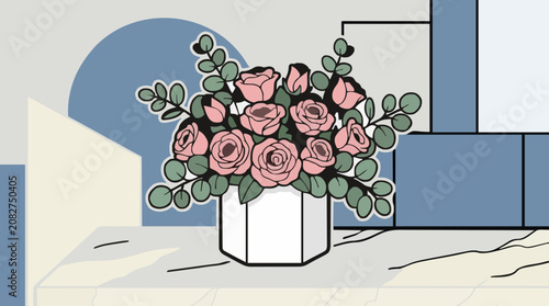 Pink roses and eucalyptus leaves in a white vase on a table with a geometric background
