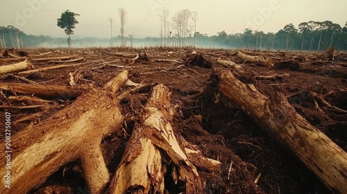 Vast area of deforested land with felled trees and stumps in foreground, showcasing environmental destruction and ecological impact.
