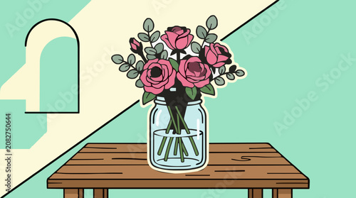 Pink roses and eucalyptus in a glass jar on a wooden table indoors