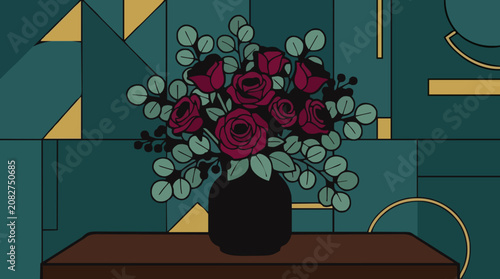 Red roses and eucalyptus in a black vase on a brown table with a green