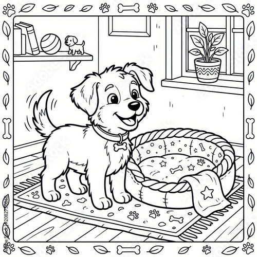Cute puppy in a cozy room coloring page