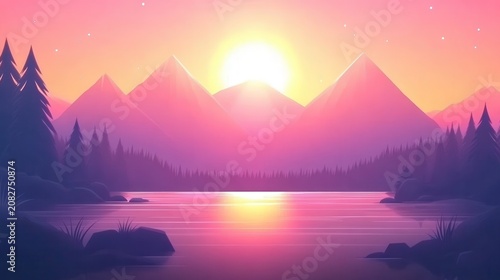 Vibrant sunset and sunrise over majestic mountains illuminating a tranquil lake with warm radiant colors
