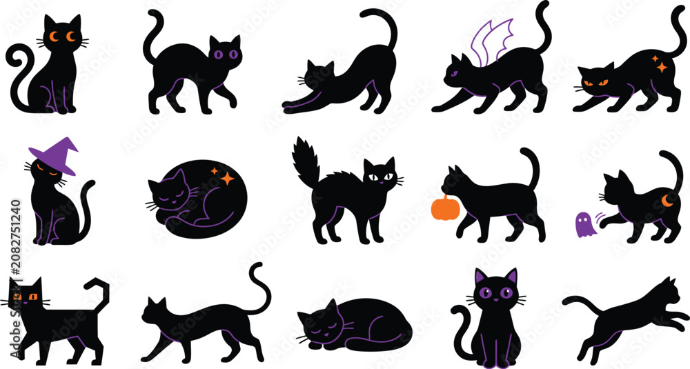 Obraz premium Halloween black cats collection spooky vector illustrations for autumn and october designs