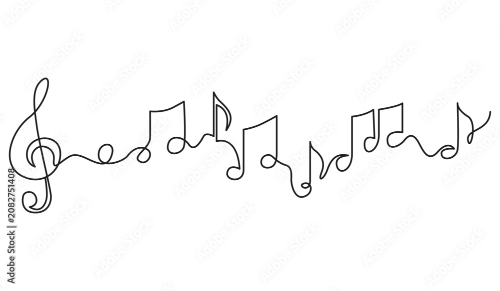 Obraz premium Continuous line art of musical notes with treble clef. Single line drawing of music symbols for creative composition, sound, and artistic melody concept.