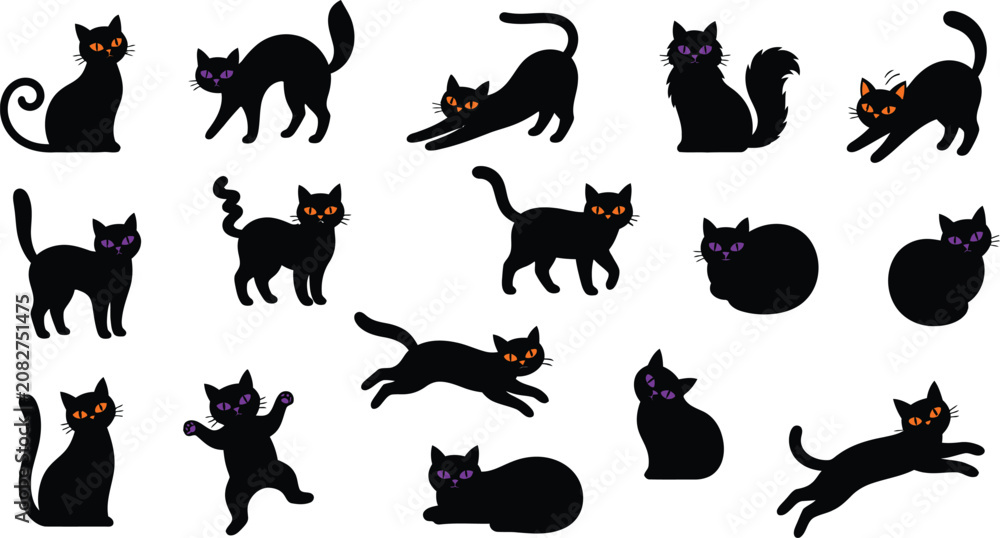 Fototapeta premium Halloween black cats silhouettes with orange and purple eyes