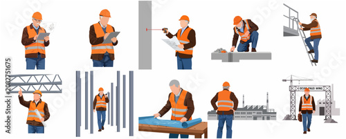 Tableau sur toile Senior construction engineer and foreman set performing site inspections, planning, and management tasks in high-visibility vest and hard hat, flat vector illustration