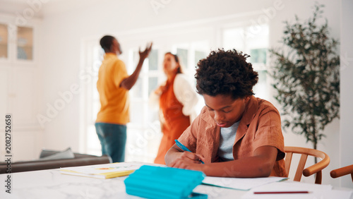 Photos Learning, child and parents fight in home, writing homework and development disruption