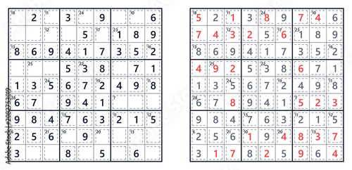 Sudoku puzzle grids with answers highlighted in red  