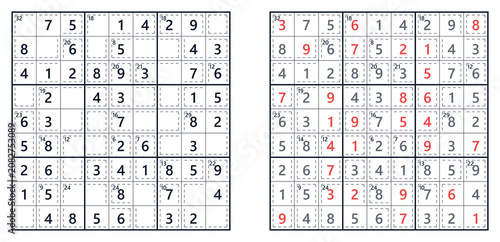 Sudoku puzzle grids with answers highlighted in red  