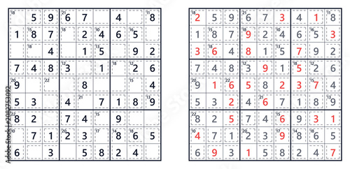 Sudoku puzzle grids with answers highlighted in red  