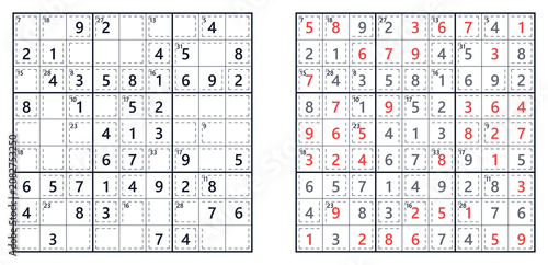 Sudoku puzzle grids with answers highlighted in red  