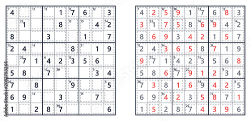 Sudoku puzzle grids with answers highlighted in red  