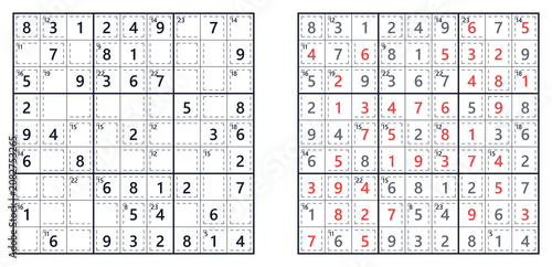 Sudoku puzzle grids with answers highlighted in red  