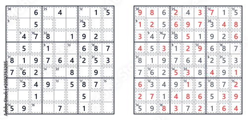 Sudoku puzzle grids with answers highlighted in red  