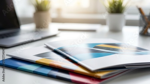 Vibrant print marketing materials and stacked catalogs on a professional office table.
