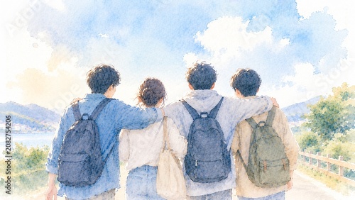 晴れた日に肩を組み景色を眺めながら歩く若者たちの後ろ姿のイラスト