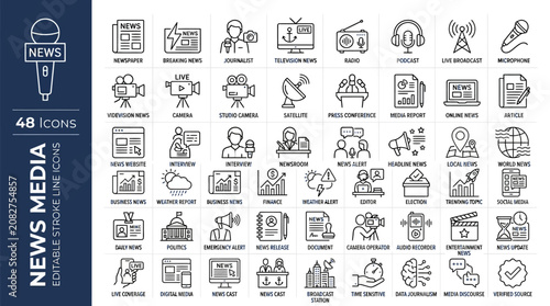 A collection of news media icons depicting various journalism and broadcasting symbols.