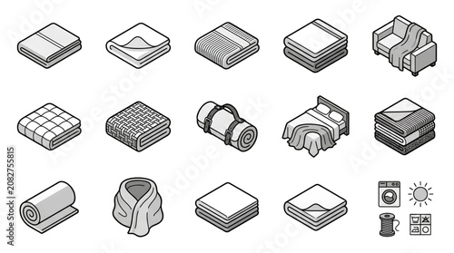 Quadro su tela Black and White Isometric Light Throw Vector Icon Set with Summer Blanket Breath