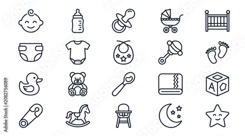 Simple Baby Nursery Vector Icon Set with Infant Childcare Essentials Stroller Bottle Pacifier Crib Toys and Parenting Symbols
