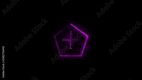Glowing purple neon pentagon with plus sign stroke animation on black background