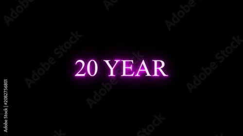Glowing pink neon text 20-year sign on isolated black background