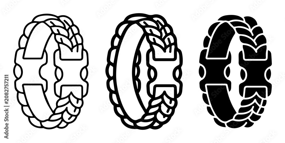 Fototapeta premium Braided Paracord Bracelets, Buckle Fastener, Vector Icons Set, Outdoor Adventure Gear