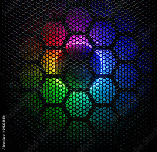 Abstract RGB LED Honeycomb Pattern Background. Close-up of mesh grille with vibrant, multi-colored RGB LED lighting, creating a modern, high-tech abstract pattern for gaming and technology themes.