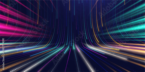 Foto Abstract glowing lines of light flow towards the viewer in a futuristic, digital tunnel of vibrant neon colors, representing data streams or fast movement