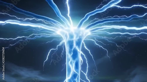 Unlike typical downward-striking lightning, this massive blue plasma erupts from the top of the thundercloud, reaching the ionosphere, and is shaped like a giant funnel or tentacle.