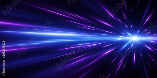 Fotografie An abstract explosion of light streaks, radiating from a central bright point in a dynamic display of purple and blue energy, representing speed, technology, and motion