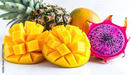 Whole pineapple with sliced dragon fruit and mango.