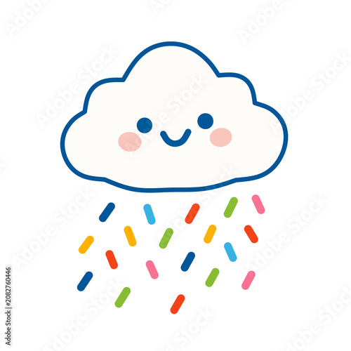Cute Smiling Rain Cloud with Colorful Rain Flat Cartoon Sticker Icon Isolated on Transparent Background
