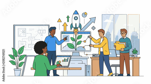 Business team collaborates on growth strategy with charts rocket and digital displays