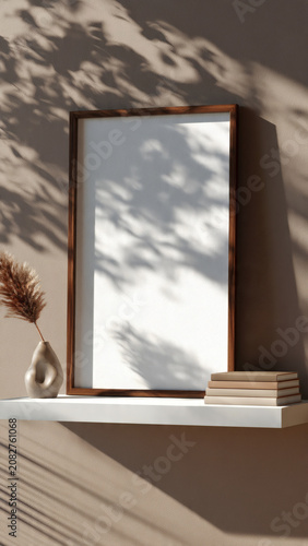Minimalist interior with framed mirror and decorative elements