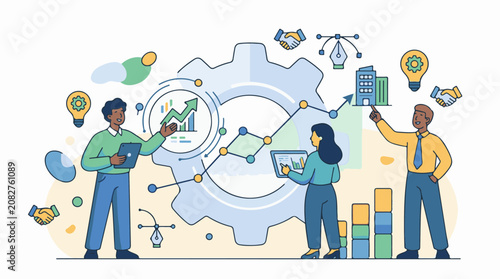 Business team collaborates on growth strategy with data visualization (1)