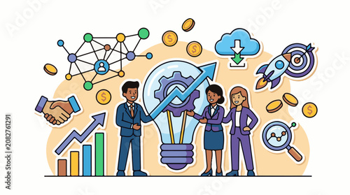 Business team collaborates on innovation and growth surrounded by financial icons