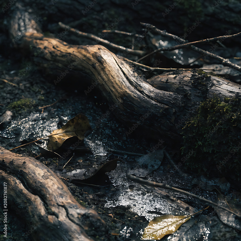 Fototapeta premium Sunlight shining on wet forest floor and tree roots