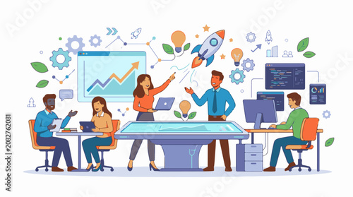 Business team collaborates on startup idea with rocket graphs and ideas